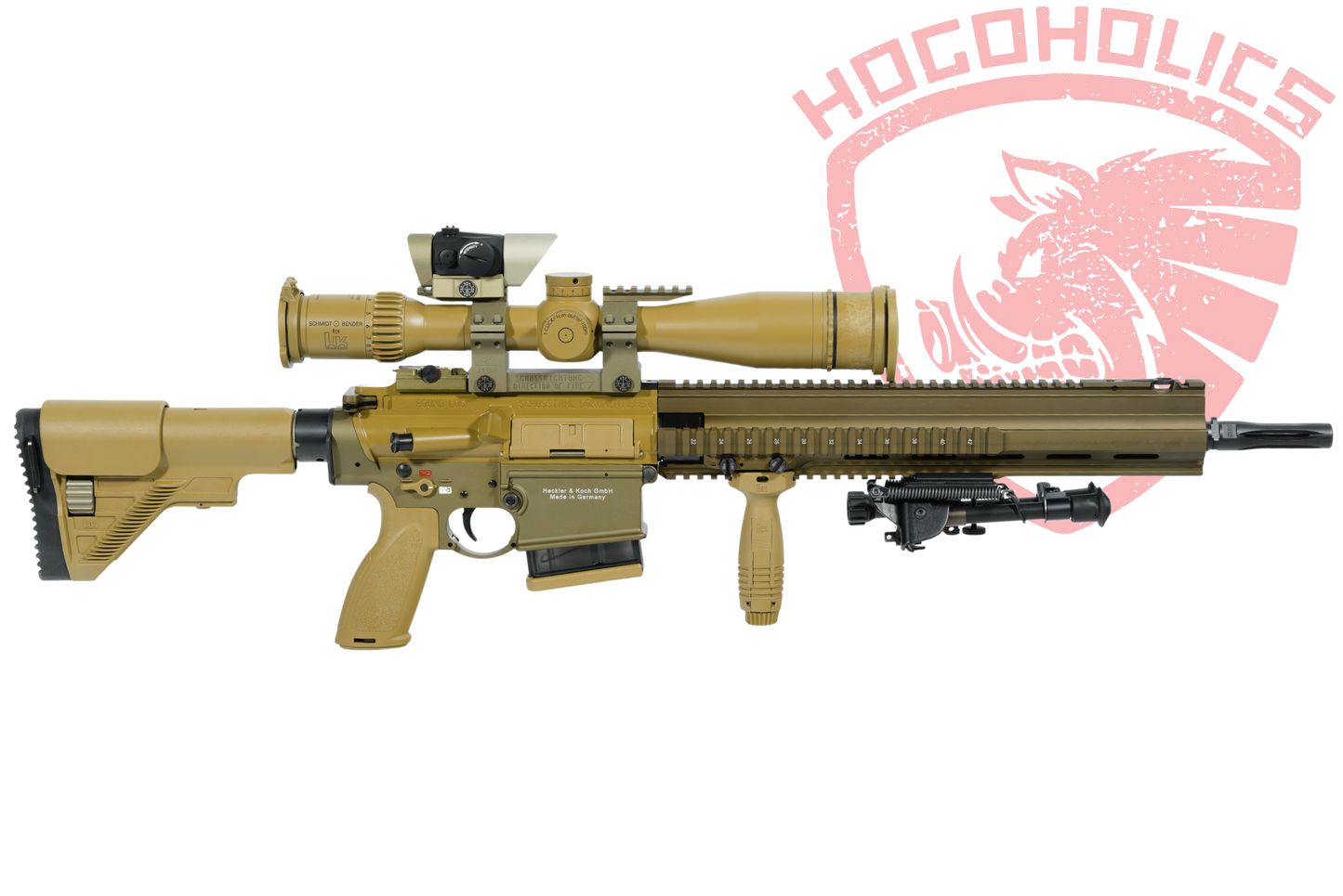 Ultra-rare Heckler & Koch G28Z civilian precision DMR rifle in RAL8000 tan finish, 16.5 inch barrel, full factory optics package with Schmidt & Bender riflescope, Aimpoint red dot in Eratac mount, exclusive bipod and forward grip – collector grade pristine condition